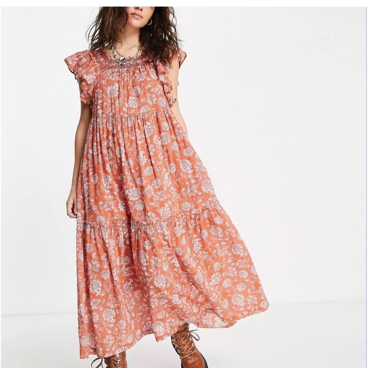 Free People Bonita Tiered Midi Dress Size Small Terracotta Floral 100% Cotton